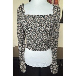 Wild Fable Top Sz M Cropped Black Floral Square Neck Long Sheer Sleeve Lined